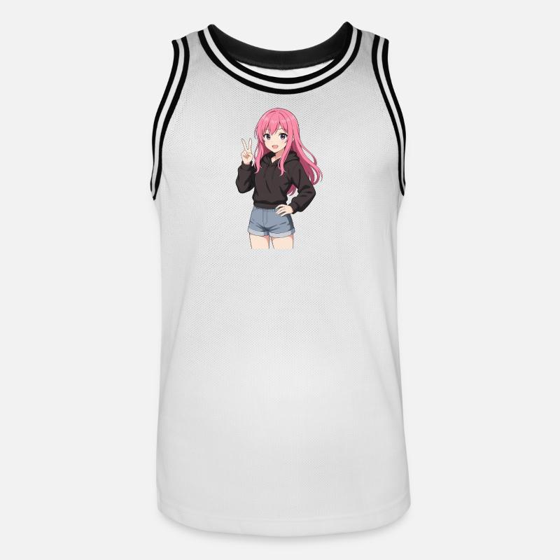 Anime-Mädchen mit rosa Kapuzenpullover - Männer Basketball-Trikot - Weiß/Schwarz