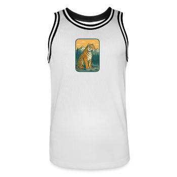 Tiger in the Mountains Retro Motif - Men's Basketball Jersey - white/black - Front - AI Model Male 185 dark (185cm)