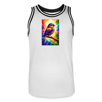 Farbenfroher Vogel im geometrischen Mosaik - Männer Basketball-Trikot - Weiß/Schwarz - Vorne - AI Model Male 185 dark (185cm)