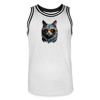 L'été des chats : Chat avec des lunettes de soleil orange - Maillot de basket Homme - blanc/noir - Devant - AI Model Male 185 dark (185cm)
