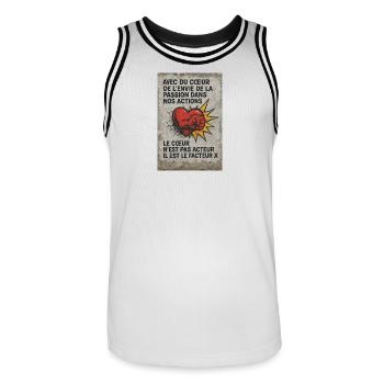 Cœur d’action: Facteur X - Maillot de basket Homme - blanc/noir - Devant - AI Model Male 185 dark (185cm)