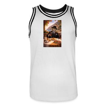 Kater im Dolce Vita Anzug mit Pasta - Männer Basketball-Trikot - Weiß/Schwarz - Vorne - AI Model Male 185 dark (185cm)