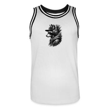 Waschbär mit Kopfhörern – Musik & Streetwear - Männer Basketball-Trikot - Weiß/Schwarz - Vorne - AI Model Male 185 dark (185cm)