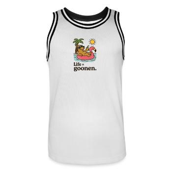 Sunbathing Dog on Flamingo Float - Men's Basketball Jersey - white/black - Front - AI Model Male 185 dark (185cm)