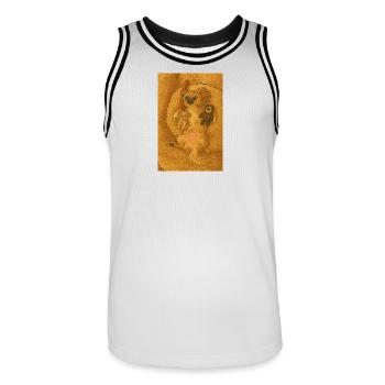 Mila Flauschiger Kuschelhund mit Spielzeugfreunden - Männer Basketball-Trikot - Weiß/Schwarz - Vorne - AI Model Male 185 dark (185cm)