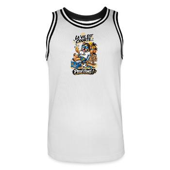 Chien détendu plage No Stress - Maillot de basket Homme - blanc/noir - Devant - AI Model Male 185 dark (185cm)