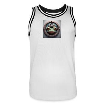 Frog with diving helmet looking through porthole - Men's Basketball Jersey - white/black - Front - AI Model Male 185 dark (185cm)