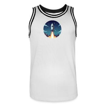 Lancement d’une fusée dans l’espace devant le ciel nocturne dans un style comique - Maillot de basket Homme - blanc/noir - Devant - AI Model Male 185 dark (185cm)
