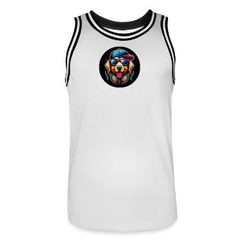 Golden Retriever chien rappeur avec casquette et écouteurs - Maillot de basket Homme - blanc/noir - Devant - AI Model Male 185 dark (185cm)