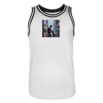 Cyberpunk Regenkämpferin - Männer Basketball-Trikot - Weiß/Schwarz - Vorne - AI Model Male 185 dark (185cm)