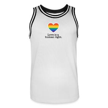 Love is a Human Right – Pride Heart - Men's Basketball Jersey - white/black - Front - AI Model Male 185 dark (185cm)