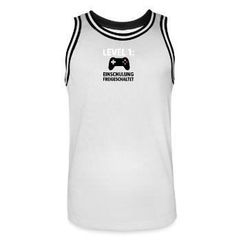 Gamer | Level 1: Einschulung Freigeschaltet - Männer Basketball-Trikot - Weiß/Schwarz - Vorne - AI Model Male 185 dark (185cm)