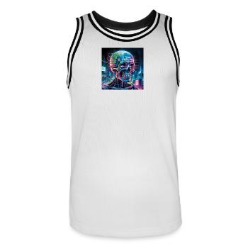 Cyberpunk Skull with Technology Quotes - Men's Basketball Jersey - white/black - Front - AI Model Male 185 dark (185cm)