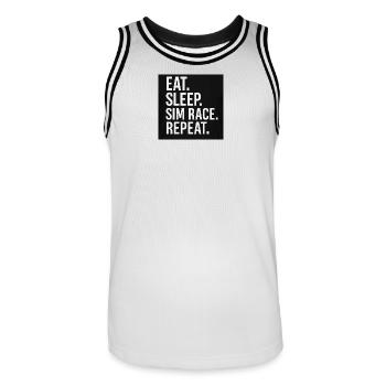 EAT. SLEEP. SIM RACE. REPEAT - Men's Basketball Jersey - white/black - Front - AI Model Male 185 dark (185cm)