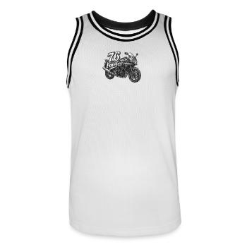 Moto 76 Forever White Black - Men's Basketball Jersey - white/black - Front - AI Model Male 185 dark (185cm)