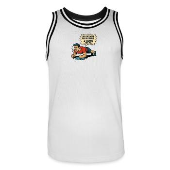 Funny Retro Gym Comic – Plank Struggle - Men's Basketball Jersey - white/black - Front - AI Model Male 185 dark (185cm)
