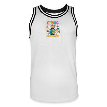 Chaos Coordinator – Funny Sayings Shirt for Elt - Men's Basketball Jersey - white/black - Front - AI Model Male 185 dark (185cm)