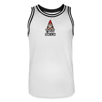 Garden Gnome Threatening Touch Lawn - Men's Basketball Jersey - white/black - Front - AI Model Male 185 dark (185cm)
