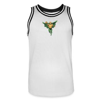 Super-héros glabre avec tête chauve en vol - Maillot de basket Homme - blanc/noir - Devant - AI Model Male 185 dark (185cm)