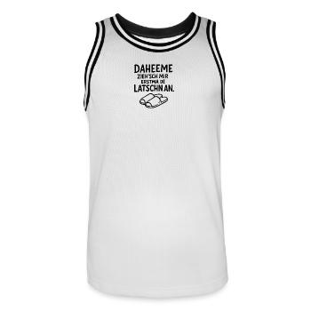 Daheeme ziehsch mir erstma de Latschn an - Männer Basketball-Trikot - Weiß/Schwarz - Vorne - AI Model Male 185 dark (185cm)