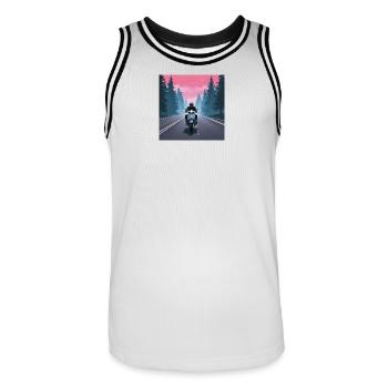 Motorcyclists in the forest - Men's Basketball Jersey - white/black - Front - AI Model Male 185 dark (185cm)