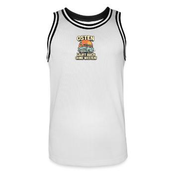 GDR Retro Comic Shirt – "East Runs Without - Men's Basketball Jersey - white/black - Front - AI Model Male 185 dark (185cm)