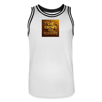 She Knows Her Numbers - Men's Basketball Jersey - white/black - Front - AI Model Male 185 dark (185cm)