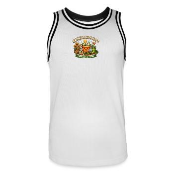 Chemise douillet de jardinage – Grandir le bonheur - Maillot de basket Homme - blanc/noir - Devant - AI Model Male 185 dark (185cm)