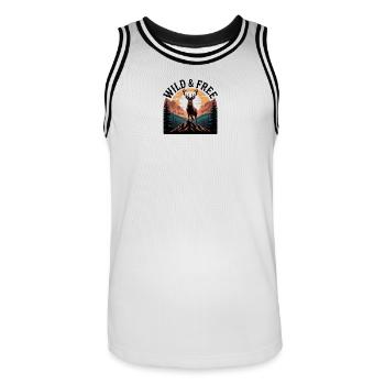Wild & Free Hirsch T-Shirt | Outdoor Wandern Natur - Männer Basketball-Trikot - Weiß/Schwarz - Vorne - AI Model Male 185 dark (185cm)