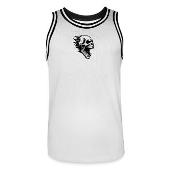 Headache at work:Flaming skull in the storm - Men's Basketball Jersey - white/black - Front - AI Model Male 185 dark (185cm)