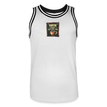 Coffee First, Everything Later Kaffe Spruch Lustig - Männer Basketball-Trikot - Weiß/Schwarz - Vorne - AI Model Male 185 dark (185cm)