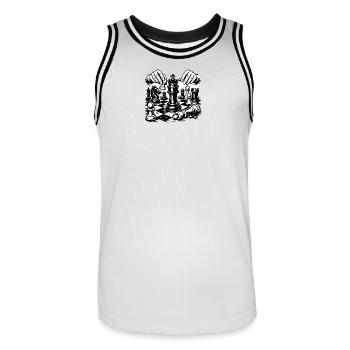 Dunkles Schachmotiv – König der Strategie - Männer Basketball-Trikot - Weiß/Schwarz - Vorne - AI Model Male 185 dark (185cm)