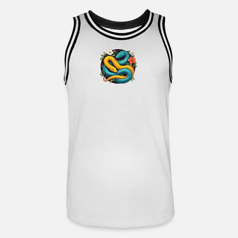 Deux serpents python dans l’anneau fleuri - Maillot de basket Homme - blanc/noir