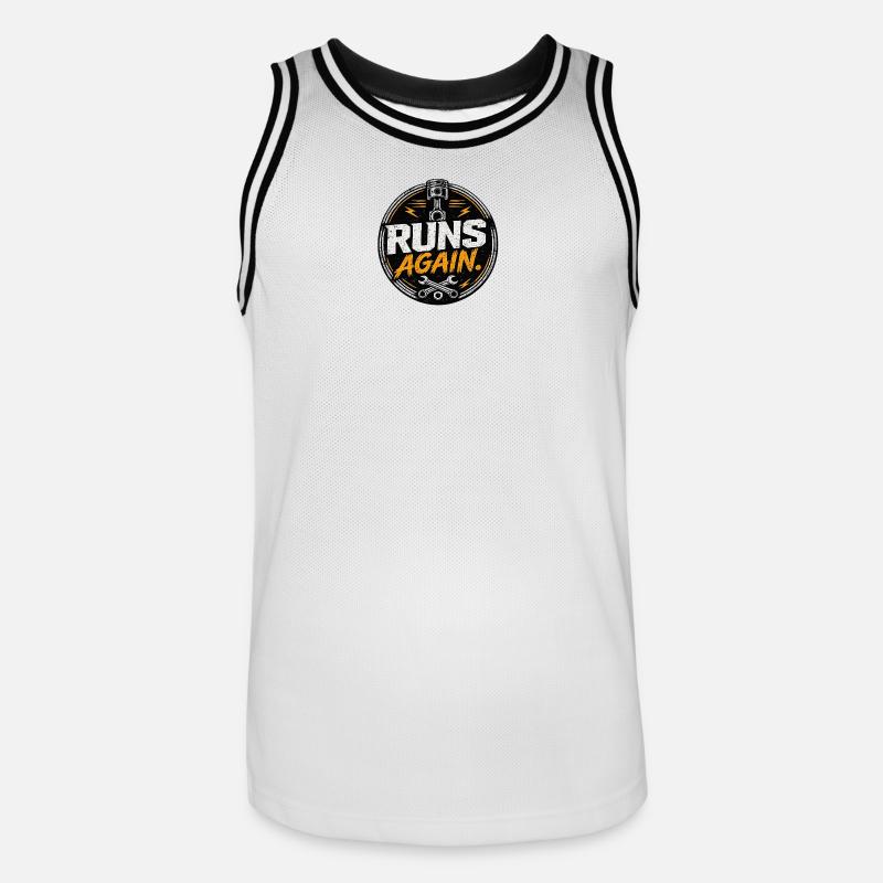 Runs Again Engine Revival-Abzeichen - Männer Basketball-Trikot - Weiß/Schwarz