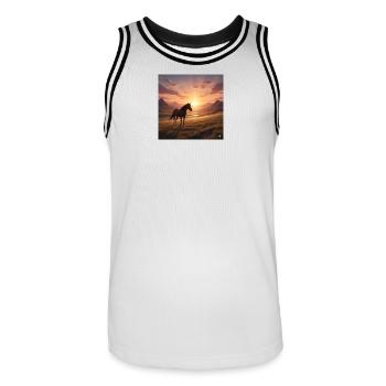 Cheval du coucher de soleil dans la vallée montagneuse - Maillot de basket Homme - blanc/noir - Devant - AI Model Male 185 dark (185cm)