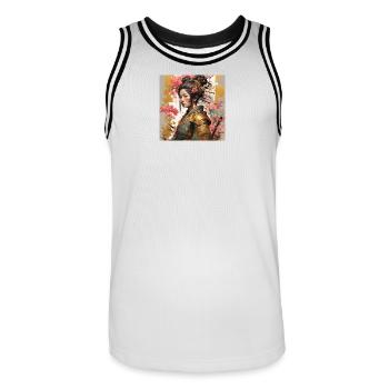 Blütenkriegerin in Goldrüstung - Männer Basketball-Trikot - Weiß/Schwarz - Vorne - AI Model Male 185 dark (185cm)