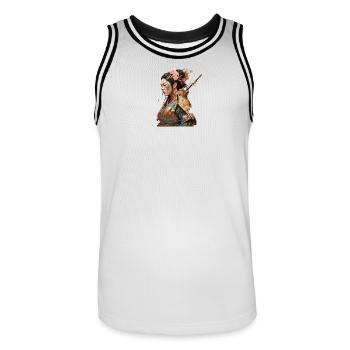 Geisha-Kriegerin mit Kirschblüten - Männer Basketball-Trikot - Weiß/Schwarz - Vorne - AI Model Male 185 dark (185cm)