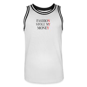 Fashion Stole My Money - Men's Basketball Jersey - white/black - Front - AI Model Male 185 dark (185cm)