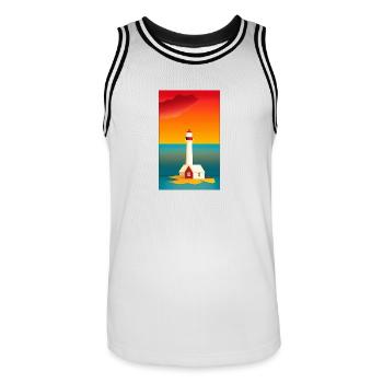 landscape beach coast lighthouse comic cartoon - Men's Basketball Jersey - white/black - Front - AI Model Male 185 dark (185cm)