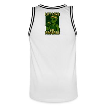 Alien Gym T-Shirt – Lift Long and Prosper  - Men's Basketball Jersey - white/black - Back - AI Model Male 185 dark (185cm)