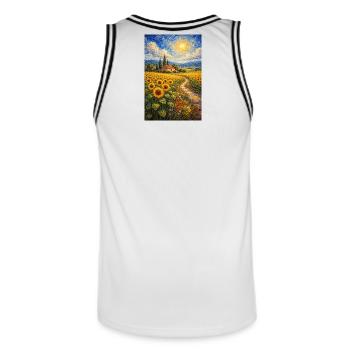 Sonnenblumenweg im Goldfeld - Männer Basketball-Trikot - Weiß/Schwarz - Hinten - AI Model Male 185 dark (185cm)