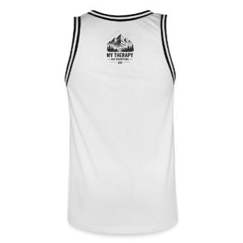 Mountain Therapy – Vintage Mountain Hiking Design  - Männer Basketball-Trikot - Weiß/Schwarz - Hinten - AI Model Male 185 dark (185cm)