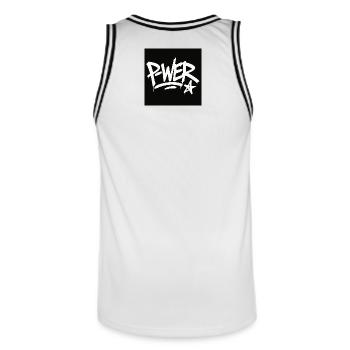 Graffiti Style Power Text Design - Men's Basketball Jersey - white/black - Back - AI Model Male 185 dark (185cm)
