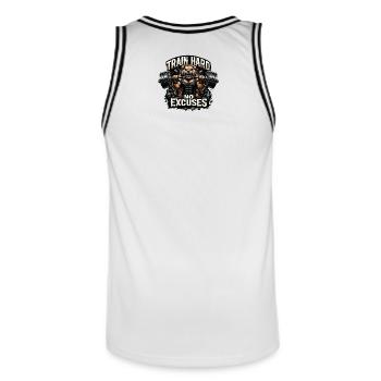 Entraînez-vous dur Sans excuses - Maillot de basket Homme - blanc/noir - Dos - AI Model Male 185 dark (185cm)