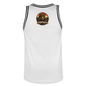 Full Backpack, Empty Mind, Hiking Shirt and gift - Men's Basketball Jersey - white/black - Back - AI Model Male 185 dark (185cm)