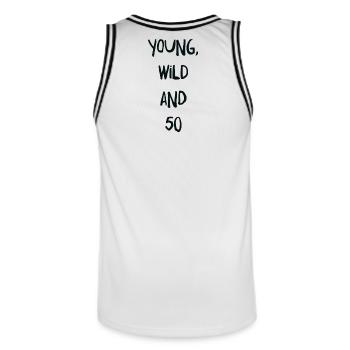 50th birthday - Men's Basketball Jersey - white/black - Back - AI Model Male 185 dark (185cm)