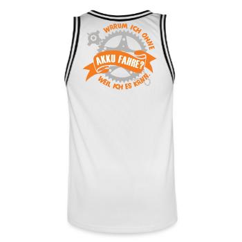 warum ich ohne akku fahre weil ich es kann - Männer Basketball-Trikot - Weiß/Schwarz - Hinten - AI Model Male 185 dark (185cm)