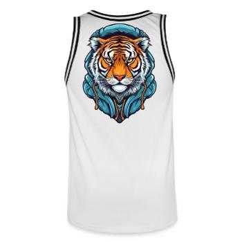 Stilisierter Tiger mit Hoodie-Design - Männer Basketball-Trikot - Weiß/Schwarz - Hinten - AI Model Male 185 dark (185cm)
