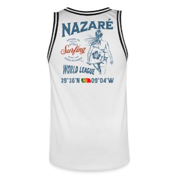 Nazaré Surfing Girl Nautischer Druck - Männer Basketball-Trikot - Weiß/Schwarz - Hinten - AI Model Male 185 dark (185cm)