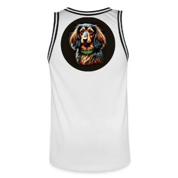 Langhaar Dackel Porträt mit Grünem Halsband - Männer Basketball-Trikot - Weiß/Schwarz - Hinten - AI Model Male 185 dark (185cm)
